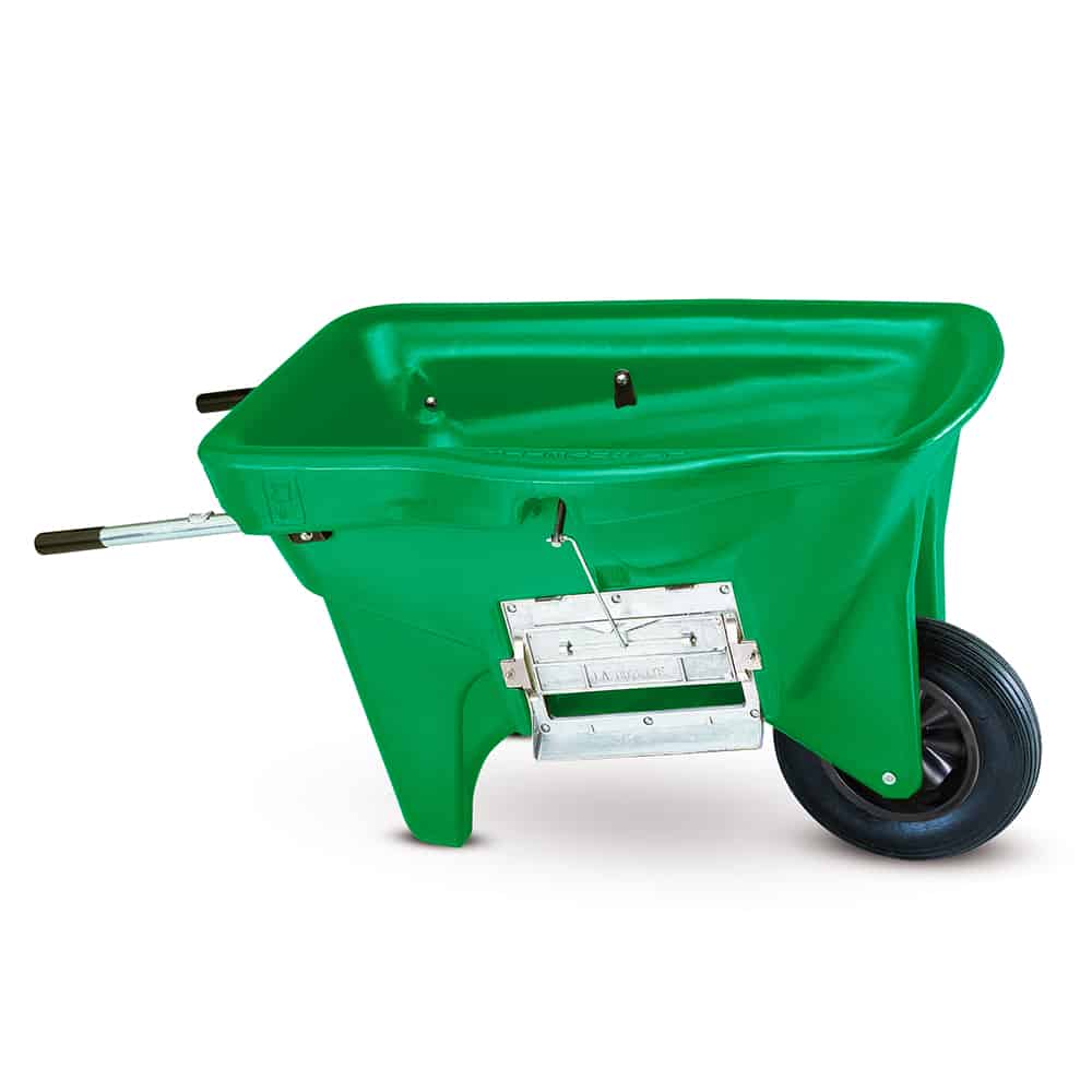 KW ZL Side Chute Wheelbarrow for feeding pellets sold in Canada by Zuidervaart Agri-Import Ltd.